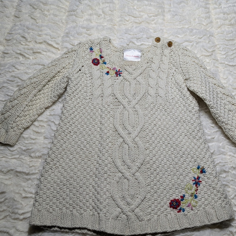 Hanna Andersson Cable Knit Sweater Dress Floral‎ Embroidery | Cotton Wool